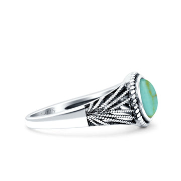 Vintage Style Petite Dainty Lab Opal Ring Solid Oval Oxidized Simulated Turquoise 925 Sterling Silver